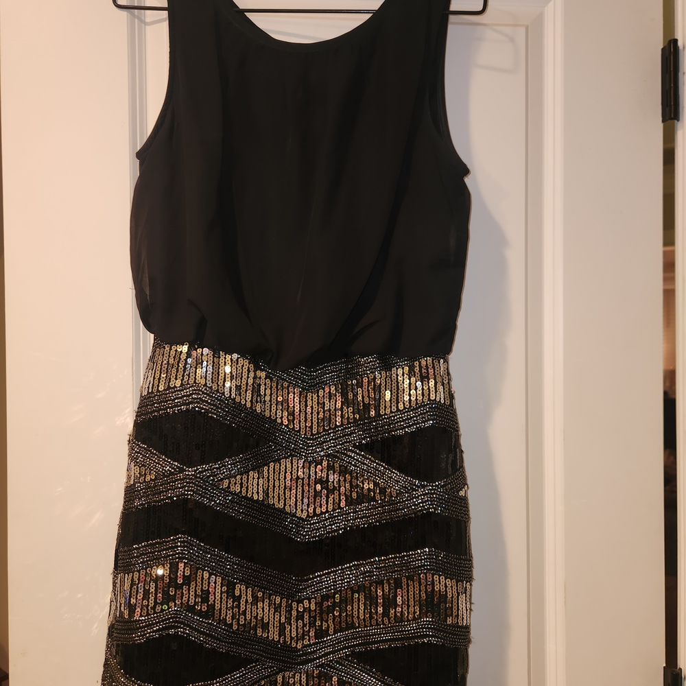 Crystal Doll Black and Gold Sequin Sheath Mini Dress